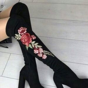 Steve Madden Black Rose Embroidered Over the Knee Faux Suede Boots
